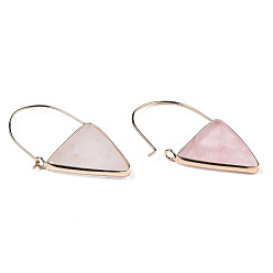 Quartz Rose Créoles pendantes triangle en quartz rose naturel, boucles d'oreilles pendantes en laiton pour femmes, or et de lumière, 43~45x23~26x3.5mm, pin: 0.8 mm