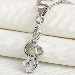 Real Platinum Plated Musical Note Real Platinum Plated Brass Cubic Zirconia Pendants, 21.5x8x3.5mm, Hole: 4x3.5mm