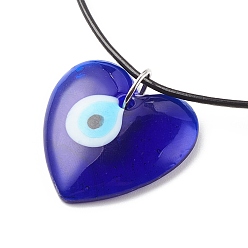 Blue Heart with Evil Eye Lampwork Pendant Necklace with Leather Cord for Women, Blue, Pendnat: 35x35x7mm, 17.91 inch(45.5cm)