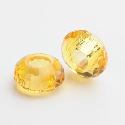 Or 76 verre à facettes perles européennes, Perles avec un grand trou   , pas de noyau métallique, rondelle, or, 14x7mm, Trou: 5.5mm