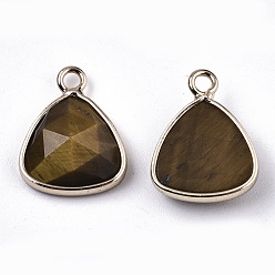 Tiger Eye Natural Tiger Eye Charms, with Light Gold Plated Brass Edge and Loop, Triangle, Faceted, 14x11x4mm, Hole: 1.5mm
