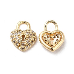 Clear Brass Micro Pave Cubic Zirconia Charms, Real 18K Gold Plated, Heart Lock Charm, Clear, 11x9x3mm, Hole: 3mm