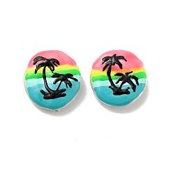 Colorful Flat Round Enamel Natural Pearl Beads, Coconut Tree Pattern, Colorful, 17x16x5mm, Hole: 1mm