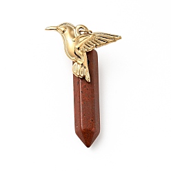 Jaspe Rouge Oiseau jaspe rouge naturel pendentifs pointus, avec placage ionique (ip) platine et ton doré 304 accessoires en acier inoxydable, breloque balle à facettes, 40.5mm, oiseau: 19.5x25.5x2.5 mm, balle: 33.5x8.5x8mm, Trou: 3.4mm