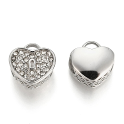 Stainless Steel Color 304 Stainless Steel European Beads, Large Hole Beads, with Rhinestone, Heart, Stainless Steel Color, 11x11.5x7mm, Hole: 4mm