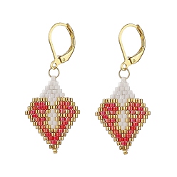 Tomato Glass Seed Braided Rhombus with Heart Dangle Leverback Earrings, 304 Stainless Steel Drop Earrings for Women, Tomato, 44mm, Pin: 0.7mm