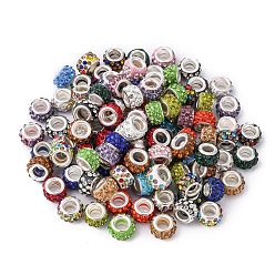 Mixed Color Polymer Clay Rhinestone European Large Hole Beads with Silver Color Plated Brass Cores, Rondelle, Mixed Color, 11~12x7~7.5mm, Hole: 5mm