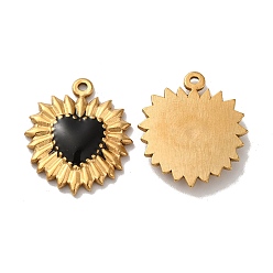 Black Ion Plating(IP) 304 Stainless Steel Charms, with Enamel, Real 18K Gold Plated, Sun with Heart, Black, 23x20x3mm, Hole: 1.4mm