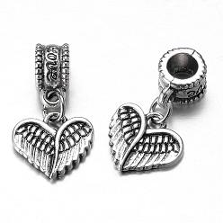 Antique Silver Tibetan Style Alloy European Dangle Charms, Heart with Wing, Antique Silver, 23x13x7mm, Hole: 5mm