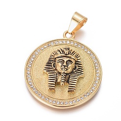 Crystal Ion Plating(IP) 304 Stainless Steel Enamel Pendants, with Rhinestone, Flat Round with Egyptian Pharaoh, Golden & Antique Golden, Crystal, 48x44x3mm, Hole: 8x11mm