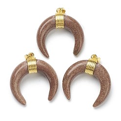 Goldstone Synthetic Goldstone Pendants, with Golden Brass Findings, Double Horn/Crescent Moon, 31~33x30x10mm, Hole: 6x4mm