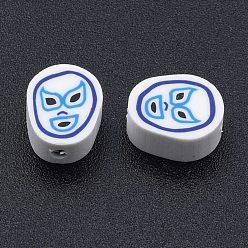 Blue Handmade Polymer Clay Beads, Oval with Mask Pattern, Blue, 10x8.5x4.5mm, Hole: 1.6mm