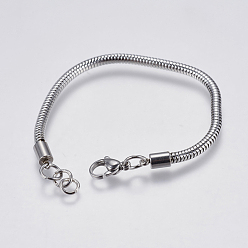 Stainless Steel Color 304 Stainless Steel Round Snake Chain Bracelet Making, with Lobster Claw Clasps, Stainless Steel Color, 6-1/2 inch(16.5cm), 3mm, Hole: 4mm