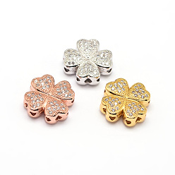 Mixed Color Clover Brass Micro Pave Cubic Zirconia Beads, Clear, Mixed Color, 14x14x5mm, Hole: 1mm