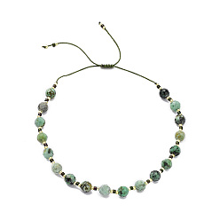 Turquoise Africaine Bracelet réglable en perles de turquoise africaine naturelle (jaspe) et de graines miyuki tressées pour femme, diamètre intérieur: 1-3/4~2-7/8 pouce (4.5~7.4 cm)