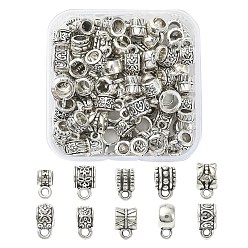 Antique Silver 100Pcs 10 Style Tibetan Style Alloy Tube Bails, Hanger Bail Beads, Loop Bails, Cup & Column & Barrel, Antique Silver, 6.5~11.5x6~8x5.5~8mm, Hole: 1.6~2mm, Inner Diameter: 2~4.8mm, 10pcs/style