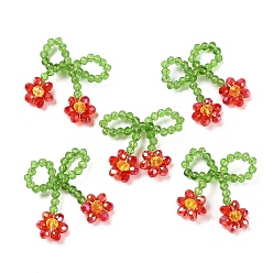Red Glass Beaded Pendants, with Copper Wire, Bowknot with Flower Charms, Red, 25~27x25~28x5~5.5mm, Hole: 5.5x7.5mm