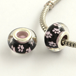 Pink Large Hole Dog Paw Prints Pattern Resin European Beads, with Platinum Plated Brass Double Cores, Rondelle, Pink, 14x9mm, Hole: 5mm