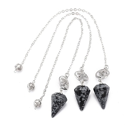 Snowflake Obsidian Natural Snowflake Obsidian Hexagonal Pointed Dowsing Pendulums, with Platinum Plated Brass Findings, Aum/Om Symbol & Cone, 230x2x0.1mm