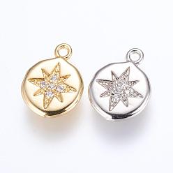 Mixed Color Brass Charms, with Cubic Zirconia, Flat Round with Star, Mixed Color, 13x9.5x2mm, Hole: 1mm