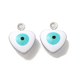 White 304 Stainless Steel Charms, with Enamel, Heart with Evil Eye Charm, Stainless Steel Color, White, 10.5x8x4mm, Hole: 1.2mm