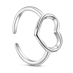 Platinum SHEGRACE Simple Design Rhodium Plated 925 Sterling Silver Cuff Rings, Open Rings, with Hollow Heart, Platinum, Size 7, 17mm