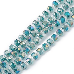Dark Cyan Transparent Electroplate Glass Beads Strands, Faceted, Rondelle, AB Color Plated, Dark Cyan, 5.5x3.5~4mm, Hole: 1mm, about 100pcs/strand, 21.65~22.05 inch(55~56cm)