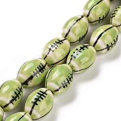 Vert Jaune Brins de perles de porcelaine faites à la main, de rugby, vert jaune, 16x11mm, Trou: 1.6mm, Environ 22 pcs/chapelet, 13.98'' (35.5 cm)