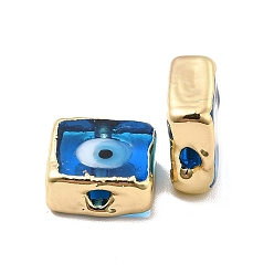 Dodger Blue Brass Enamel Beads, Long-Lasting Plated, Real 18K Gold Plated, Square with Evil Eye Pattern, Dodger Blue, 10~11x10~11x4.5~5.5mm, Hole: 1.6~1.8mm