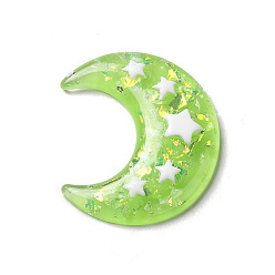 Light Green Translucent Resin Cabochons, Moon with Star Paillette, Light Green, 36x32.5x6mm