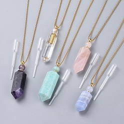 Golden Natural Gemstone Perfume Bottle Pendant Necklaces, with Stainless Steel Box Chain and Plastic Dropper, Hexagonal Prism, Golden, 27.4 inch~27.5 inch(69.5~69.9cm), Bottle Capacity: 0.15~0.3ml(0.005~0.01 fl. oz)