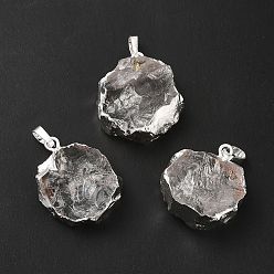 Platinum Natural Quartz Crystal Pendants, Rock Crystal Pendants, Flower Charms, with Rack Plating Brass Findings, Platinum, 24.5~30x20.5~26.5x8.5~11mm, Hole: 7x4.5mm