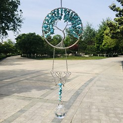Synthetic Turquoise Glass Teardrop Pendant Decoration, Hanging Suncatchers, with Synthetic Turquoise Chip Tree of Life, for Window Home Garden Decoration, Butterfly, 370mm