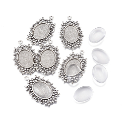 Antique Silver DIY Pendant Making, with Tibetan Style Alloy Pendant Cabochon Settings and Glass Cabochons, Oval, Antique Silver, 49x31.5x2.5mm, Hole: 3mm, Tray: 18x25mm