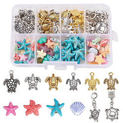 Mixed Color CHGCRAFT DIY Jewelry Making Kit, Including 104Pcs Alloy & Synthetic Turquoise & Synthetic Coral & Acrylic Ocean Collection Pendants, Sea Turtle & Starfish, Mixed Color, 10~33x6~15x2~5mm, Hole: 1.5~6mm, 104pcs