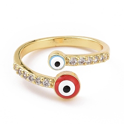 Red Enamel Evil Eye Open Cuff Ring with Clear Cubic Zirconia, Gold Plated Brass Jewelry for Women, Cadmium Free & Lead Free, Red, US Size 8 3/4(18.7mm)