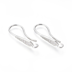 Platinum Brass Micro Pave Cubic Zirconia Earring Hooks, Ear Wire, with Horizontal Loop, Clear, Platinum, 26x4mm, Hole: 2mm, 18 Gauge, Pin: 1mm