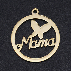 Doré  Thème de la fête des mères, 201 pendentifs en acier inoxydable découpés au laser, bague avec papillon et mot maman, or, 22.5x19.5x1mm, Trou: 1.4mm