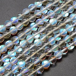 Blanc Brins synthétiques de perles de lune, teint, perles holographiques, demi couleur ab plaqué, ronde, blanc, 6mm, Trou: 1mm, Environ 64 pcs/chapelet, 15 pouce