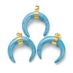 Synthetic Turquoise Synthetic Turquoise Pendants, with Golden Brass Findings, Double Horn/Crescent Moon, 31~33x30x10mm, Hole: 6x4mm
