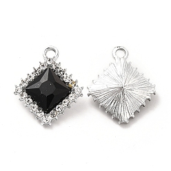 Negro Colgantes de cristal de aleación, encanto de rombo de diamantes de imitación de cristal, Platino, negro, 19.5x16.5x6 mm, agujero: 2 mm