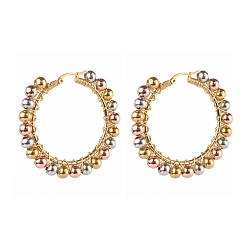 Multi-color 304 Stainless Steel Beaded Hoop Earrings, Hypoallergenic Earrings, with Brass Round Beads, Multi-color, 51mm, Pin: 1x0.7mm