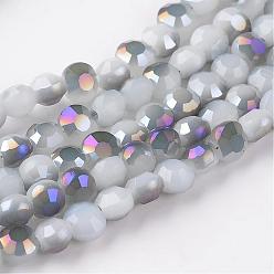 Indigo Electroplate Glass Bead Strands, Imitation Jade, Half Rainbow Plated, Flat Round, Faceted, Indigo, 5~6x4mm, Hole: 1mm, about 72pcs/strand, 15 inch