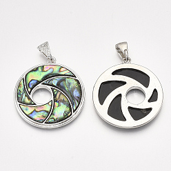 Paua Shell Abalone Shell/Paua Shell Pendants, with Alloy Findings and Resin Bottom, Flat Round with Vortex, Platinum, 46.5x42x4.5mm, Hole: 10x5mm