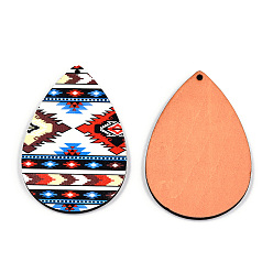 Red Single Face Printed Basswood Big Pendants, Teardrop Charm, Red, 60x40x3mm, Hole: 2mm