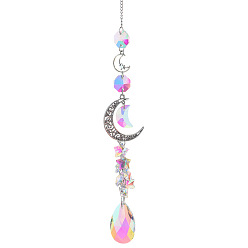 Colorful Glass Moon Hanging Suncatcher Pendant Decoration, Teardrop Crystal Ceiling Chandelier Ball Prism Pendants, with Alloy & Iron Findings, Colorful, 420~430mm