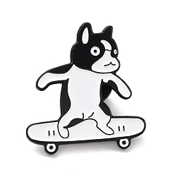 Blanc Broche en émail de skateboard de chien, Broche en émail en alliage animal mignon pour vêtements de sac à dos, électrophorèse noir, blanc, 27x25x11mm, pin: 1 mm