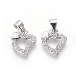 Platinum Brass Micro Pave Cubic Zirconia Charms, Lead Free & Cadmium Free, Clear, Heart, Platinum, 13x12x2mm, Hole: 3.5x5mm