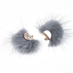 Gris Ardoise Décorations pendantes de pompon en fausse fourrure de vison, avec strass et les accessoires en alliage, fan, or, gris ardoise, 24~28x29~34x8mm, Trou: 1.5mm