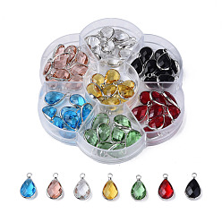 Platinum K9 Glass Pendants, with Brass Findings, Teardrop, Mixed Color, Faceted, Platinum, 18x10.5x5mm, Hole: 2mm
